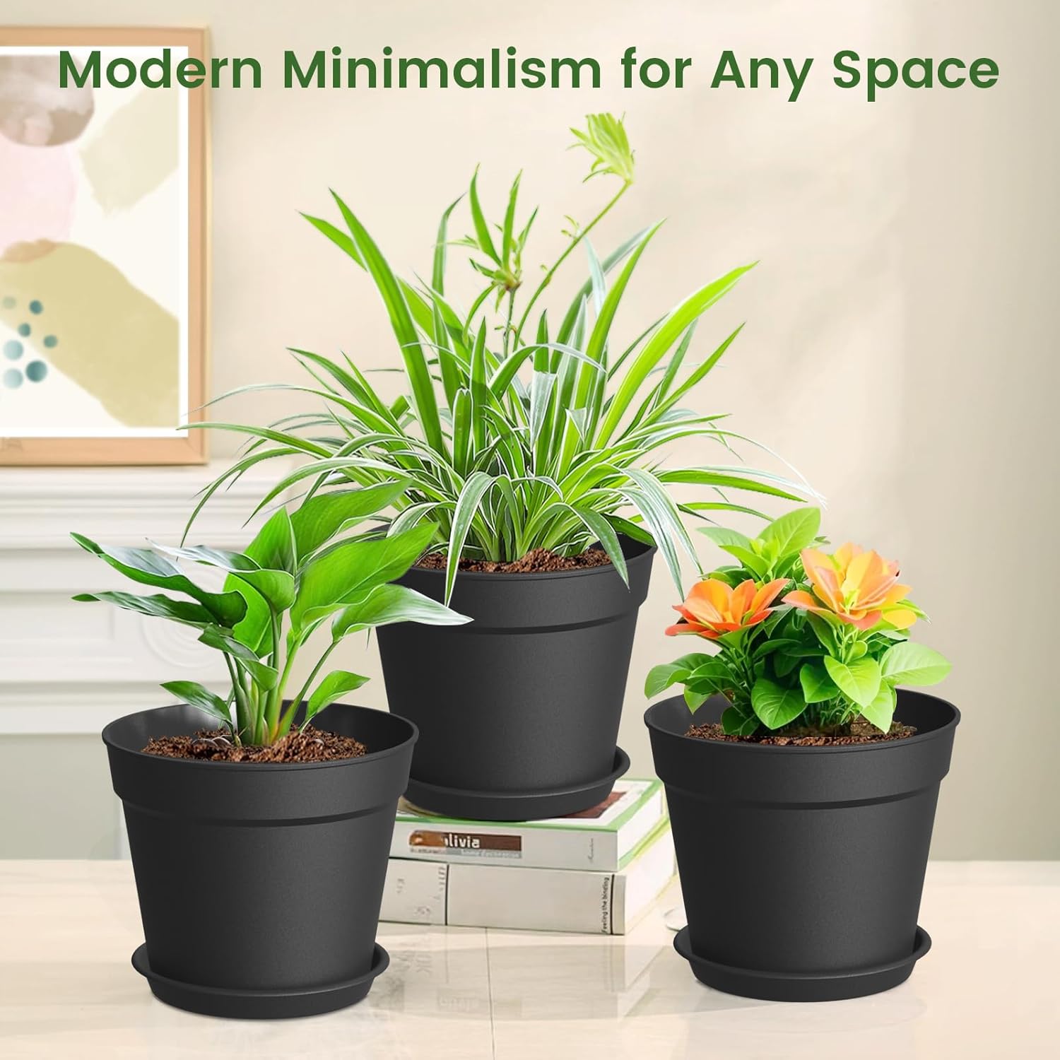 10 Pack 6 Inch Plant Pots with Drainage and Saucers, Black Plastic Flower Pots for Indoor and Outdoor Plants, Stackable Nursery Planters for Houseplants and Herbs, Black