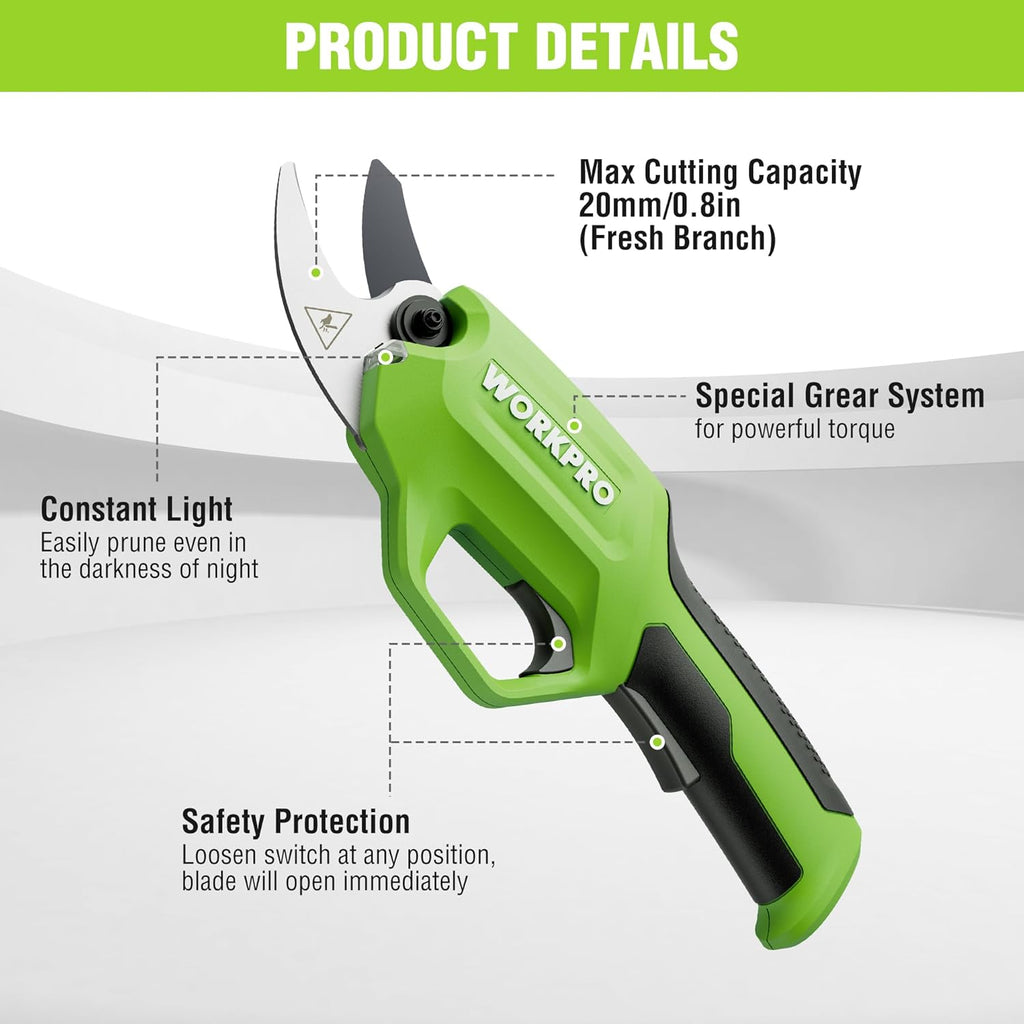 WORKPRO 7.2V Electric Pruning Shears, Battery Powered Pruning Shears, Cordless Tree Pruner, 0.8 Inch Cutting Diameter, Branch Cutter Gardening Scissors with Rechargeable Battery