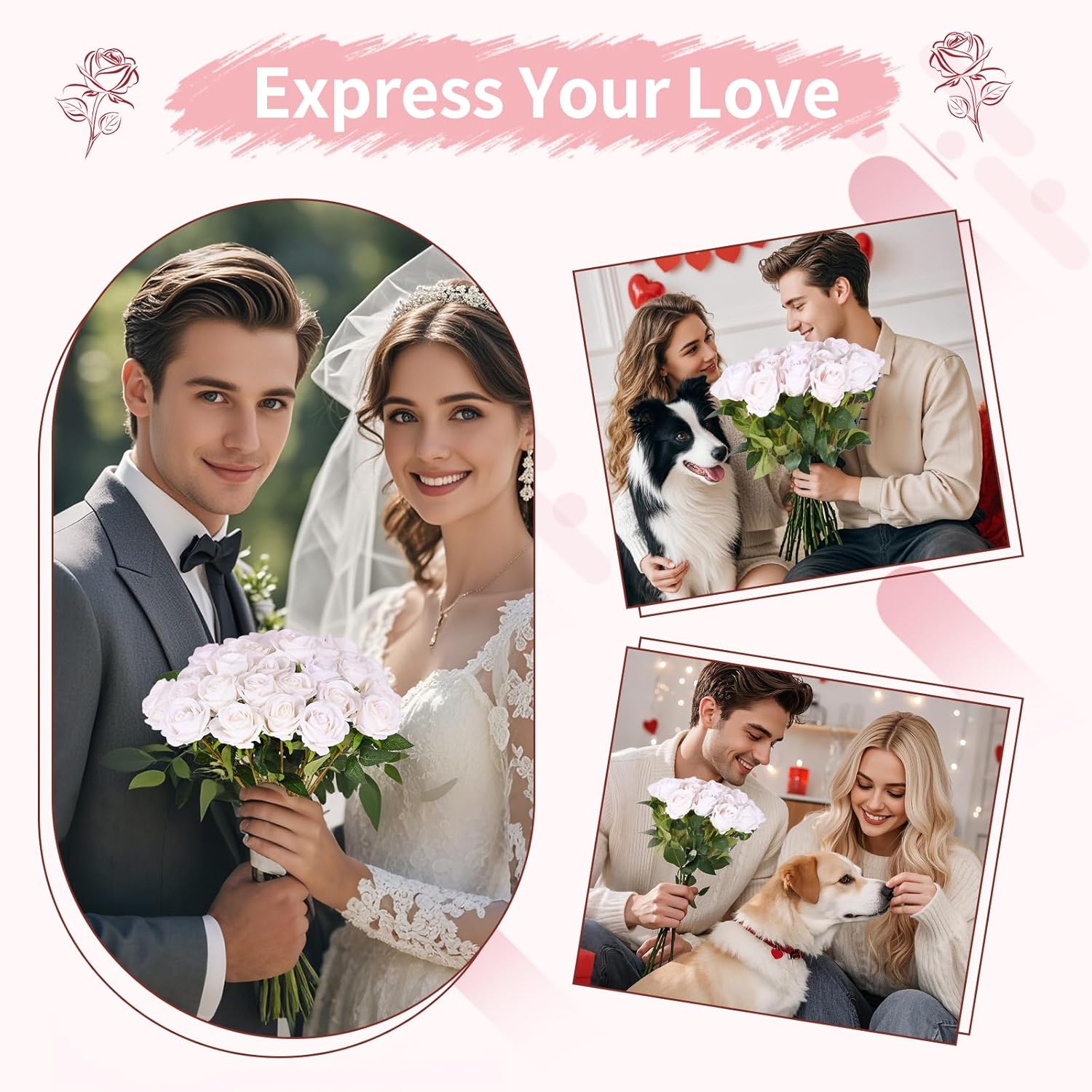 55 PCS Fake Roses Artificial Flowers Bulk, White Roses Bridal Bouquet Silk Faux Rose with Stems for Wedding Flowers Decoration, Valentine's Day, Bridal Bouquet, Anniversary,Home Decor (55PCS, White)