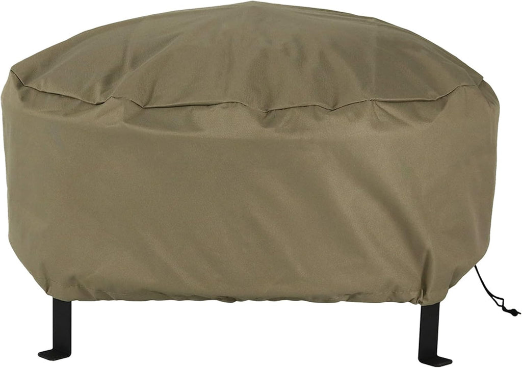 Sunnydaze Round Outdoor Fire Pit Cover - Heavy-Duty 300D Polyester and PVC with Drawstring Closure - Khaki - 48-Inch