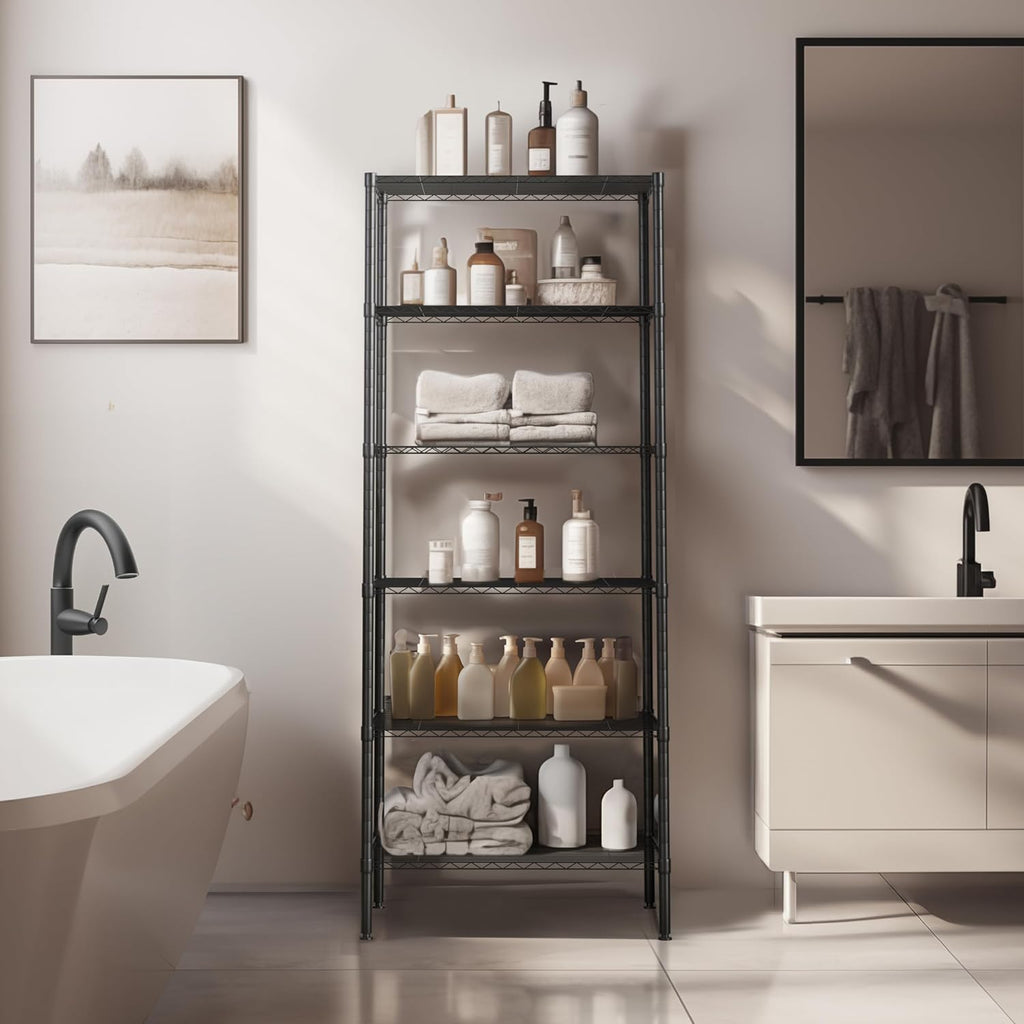 Finnhomy 6-Tier Wire Shelving Unit - Adjustable Steel Wire Rack with 6 Shelves, PE Mat and Stable Leveling Feet, NSF Certified, Black