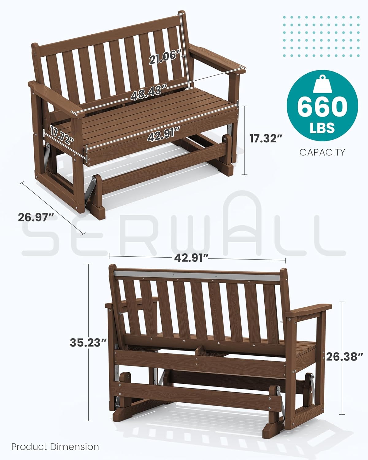 SERWALL Outdoor Glider Bench Set of 2, HDPE Weather-Resistant Swinging Bench for Backyard Garden Porch, Brown