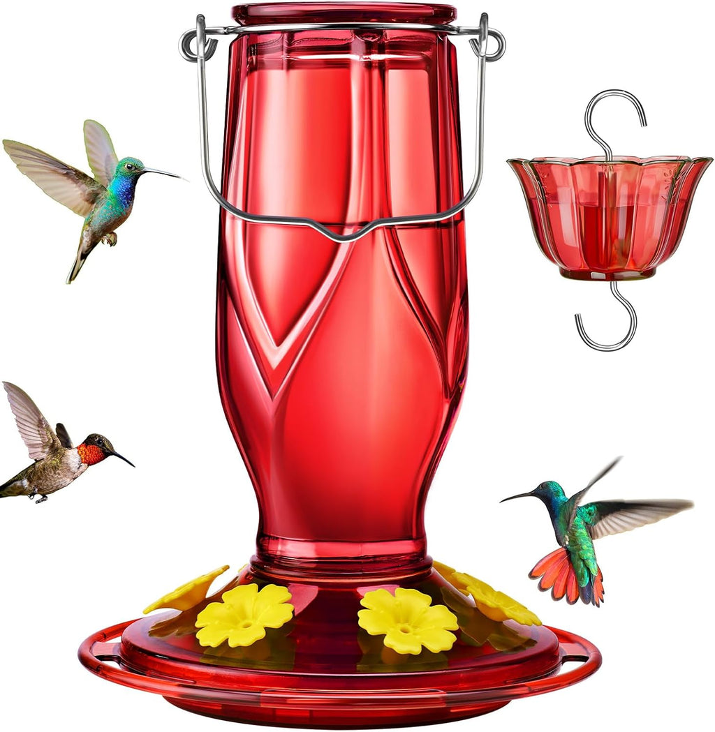 Kingsyard Glass Hummingbird Feeders for Outdoors Hanging, 6 Feeding Ports 16 Ounces Leakproof Bird Nectar Feeder for Garden Porch Fall Decorations, Easy to Refill & Clean, Ant Moat Included, Red