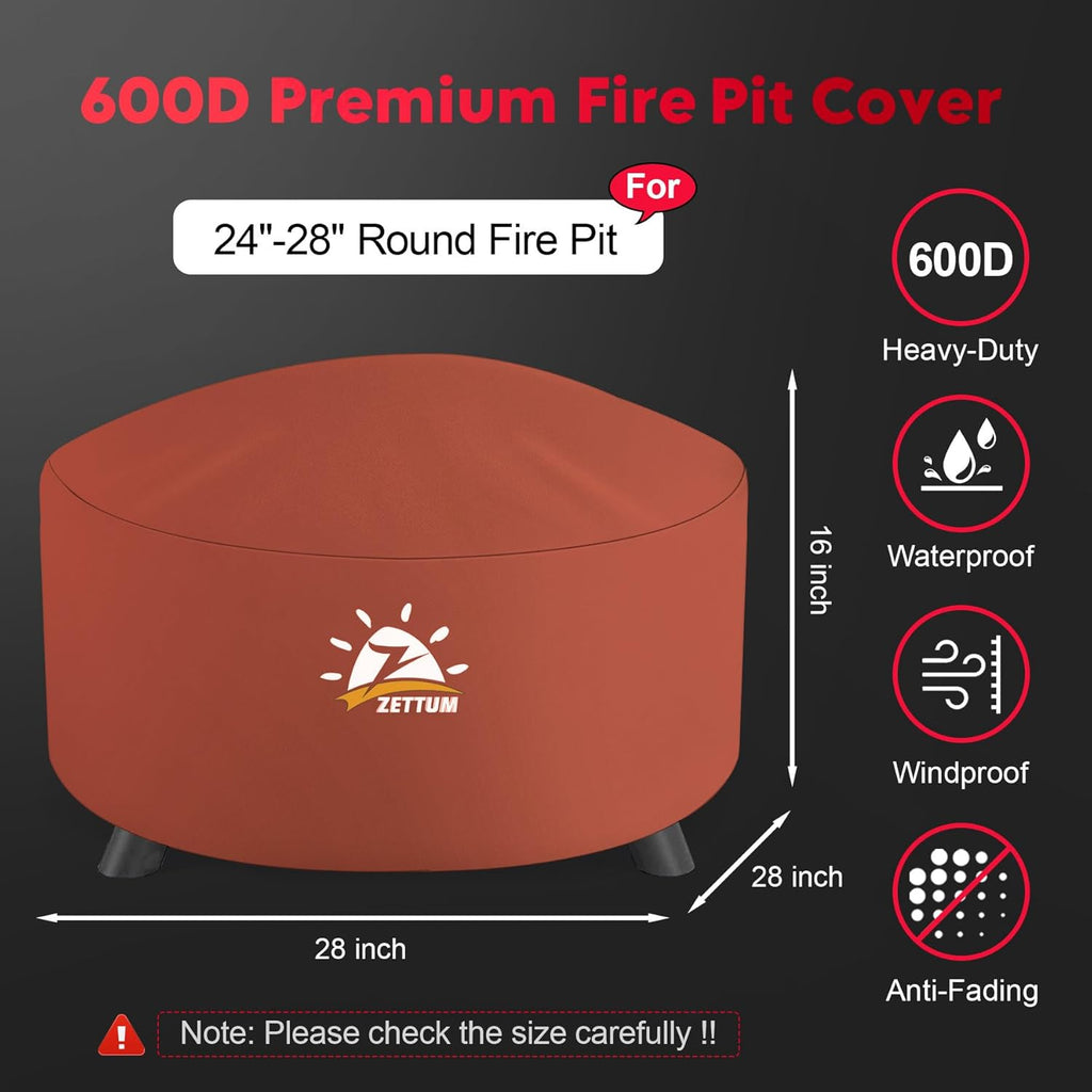 Fire Pit Cover Round 28 Inch - Outdoor Firepit Cover Heavy Duty & Waterproof, 600D Patio Fire Table Covers Gas Fire Pit Accessories Fit 27" Solo Stove Yukon Series Firepit - 28 x 28 x 16 Inch