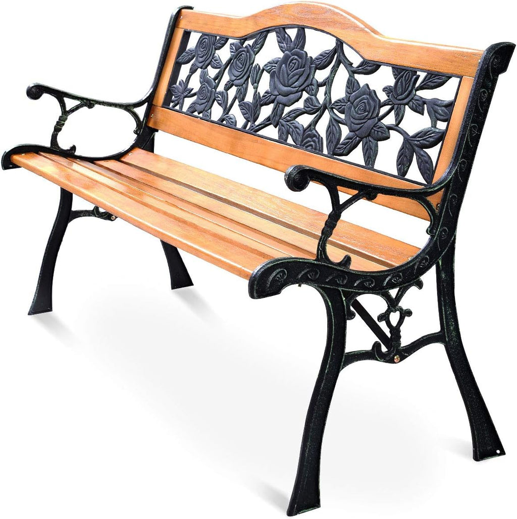 S AFSTAR Outdoor Garden Bench, Patio Bench with Large Rose Cast Backrest & Comfort Wood Seat, 470 LBS Load Capacity, Weather Proof, Durable, Easy to Assemble