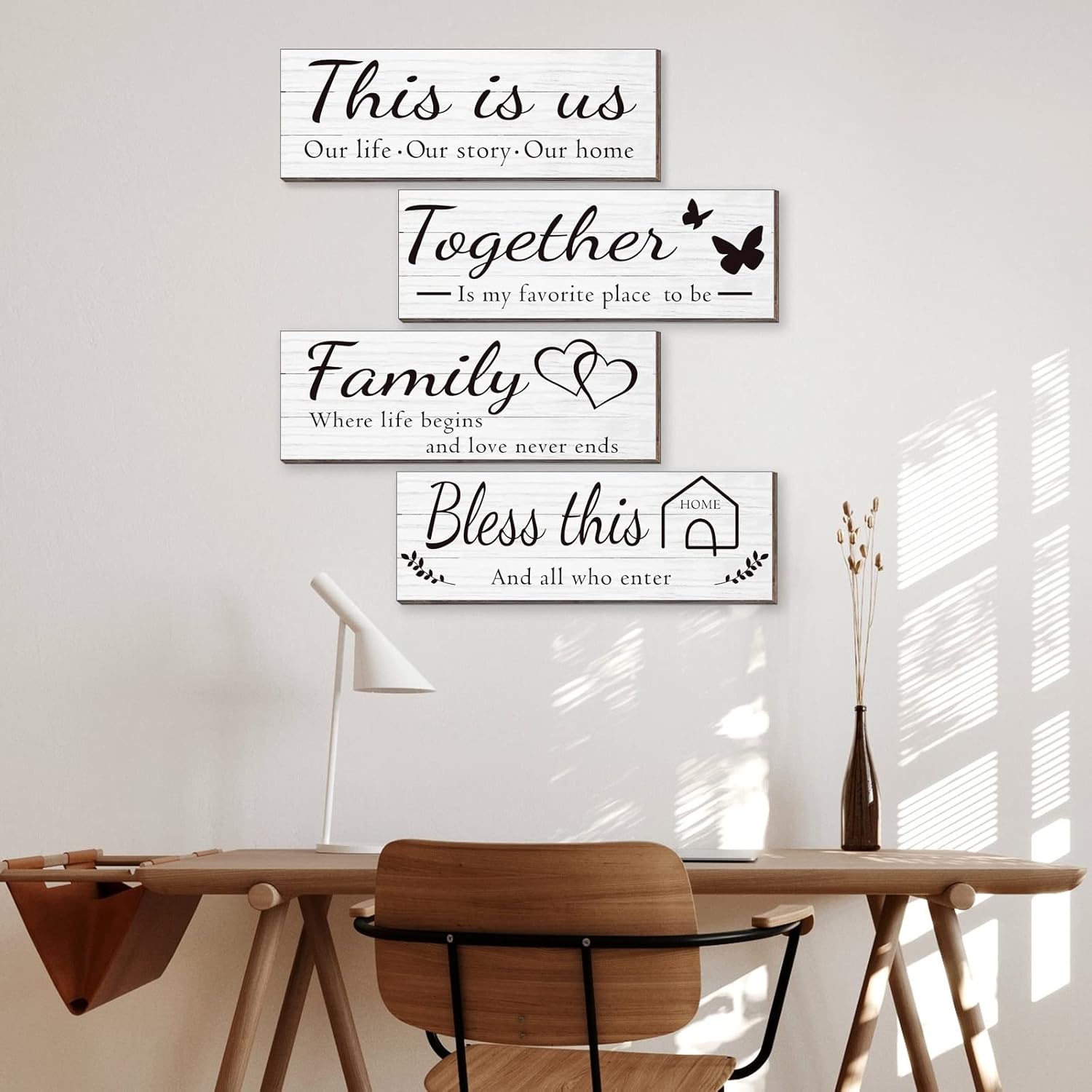 4 Pieces Wooden Home Wall Art Decor, Rustic, Farmhouse THIS IS US/TOGETHER/BLESS THIS HOME/FAMILY Decor Signs For Living Room Bedroom, 4.7 x 13.8 Inch(White)