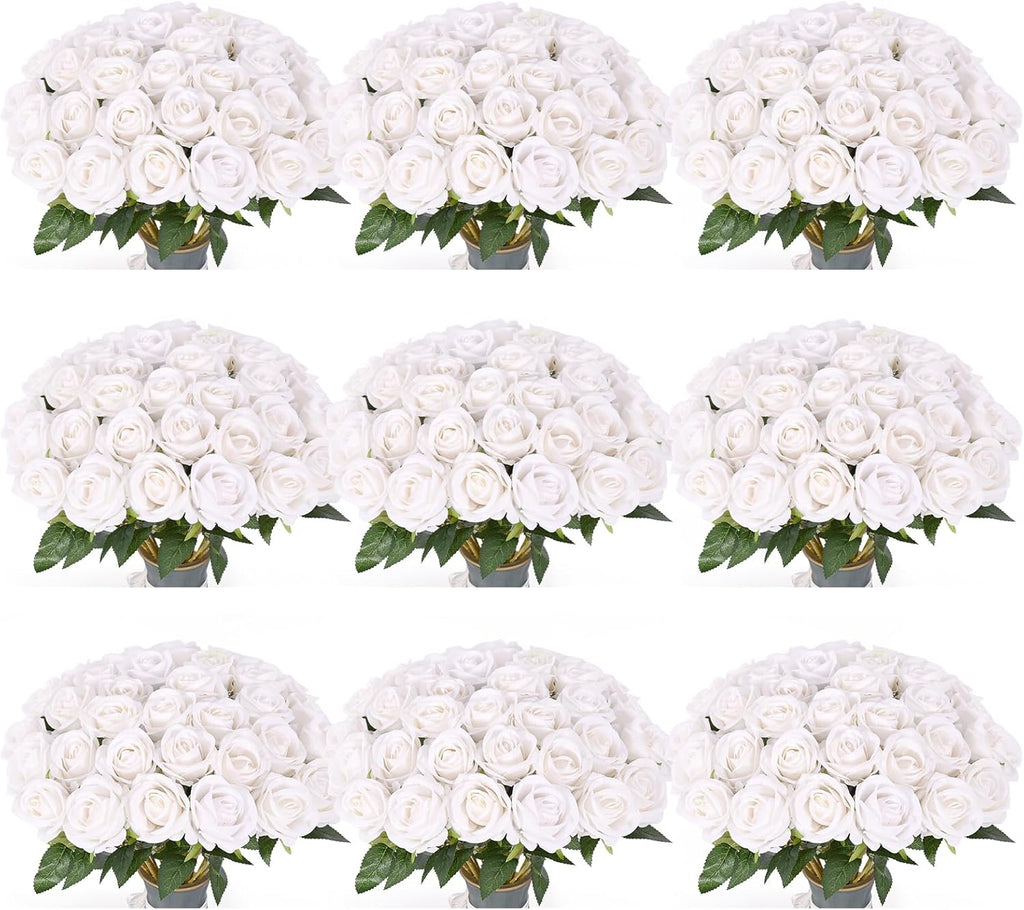 102 PCS Fake Roses Artificial Flowers Bulk, White Roses Bridal Bouquet Silk Faux Rose with Stems for Wedding Flowers Decoration, Valentine's Day, Bridal Bouquet, Anniversary,Home Decor(102PCS, White)