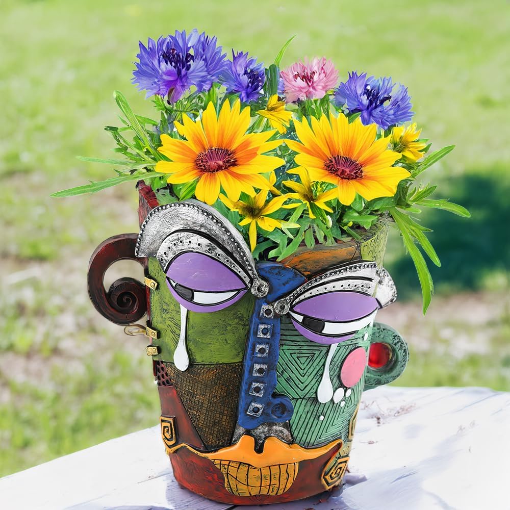 Picasso Brutalist Abstract Face Planter - Head Ornament Flower Pot Container - Colorful Art Resin (Picasso's Tearful Flowerpot)
