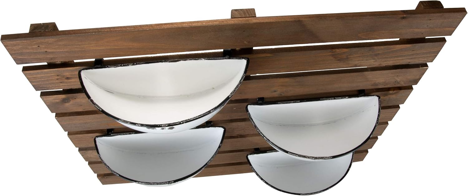 Foreside Home & Garden Rustic Slat Wood Wall Planter with Four Distressed White Enamel Pots