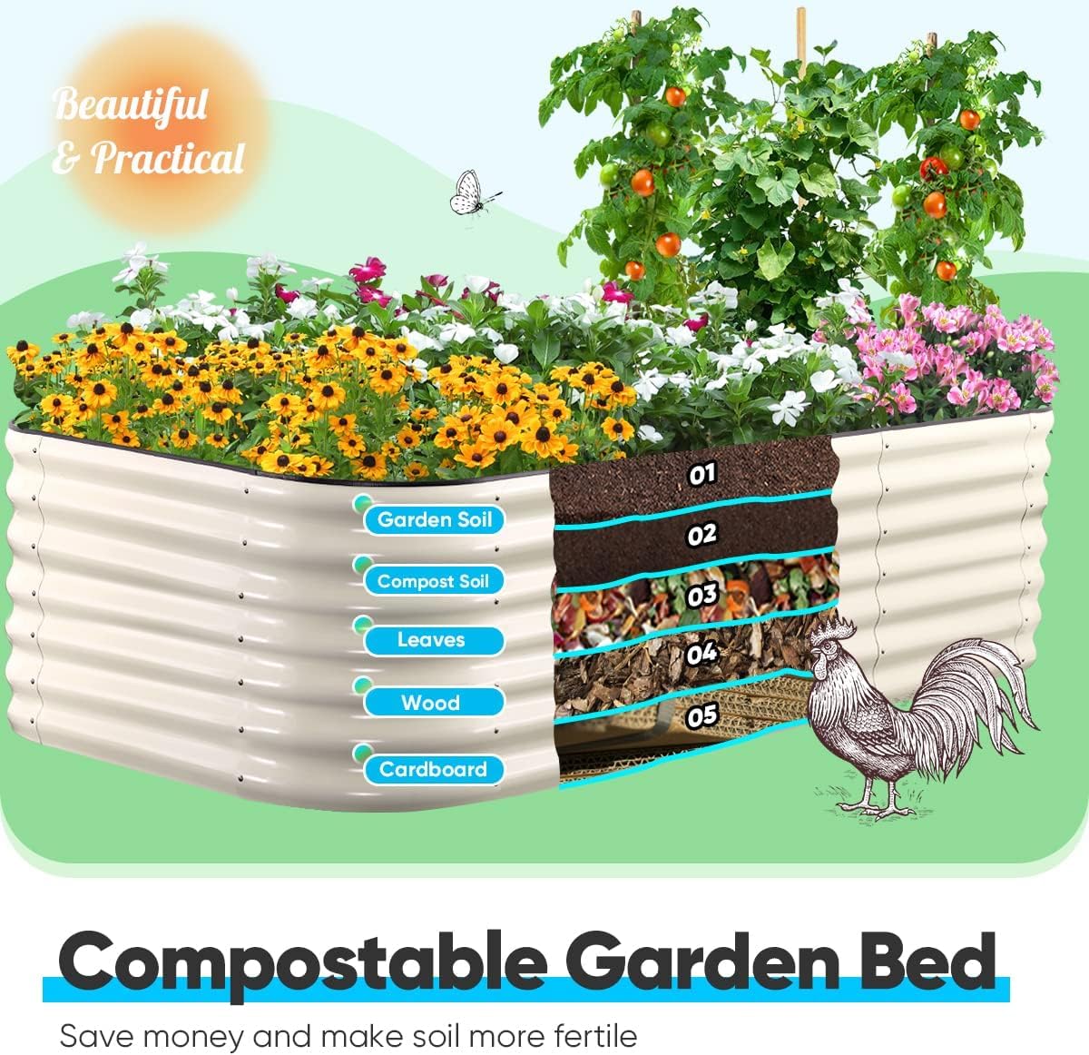 Quictent Galvanized Tall Raised Garden Bed Kit, 8x4x2 ft Oval Large Planting Box Rubber Strip Edging, for Vegetables Outdoor Strengthened by Crossbar (Beige)