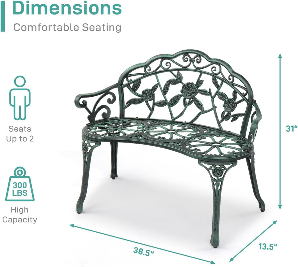 VINGLI 38.5" Patio Park Garden Outdoor Metal Rose Bench,Cast Iron Cast Aluminium Frame Antique Finish Chair,Accented Lawn Front Porch Path Yard Decor Deck Furniture for 2 Person Seat（Green&Black