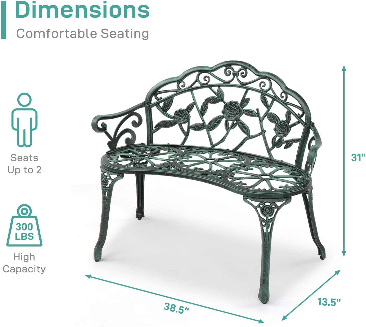VINGLI 38.5" Patio Park Garden Outdoor Metal Rose Bench,Cast Iron Cast Aluminium Frame Antique Finish Chair,Accented Lawn Front Porch Path Yard Decor Deck Furniture for 2 Person Seat（Green&Black