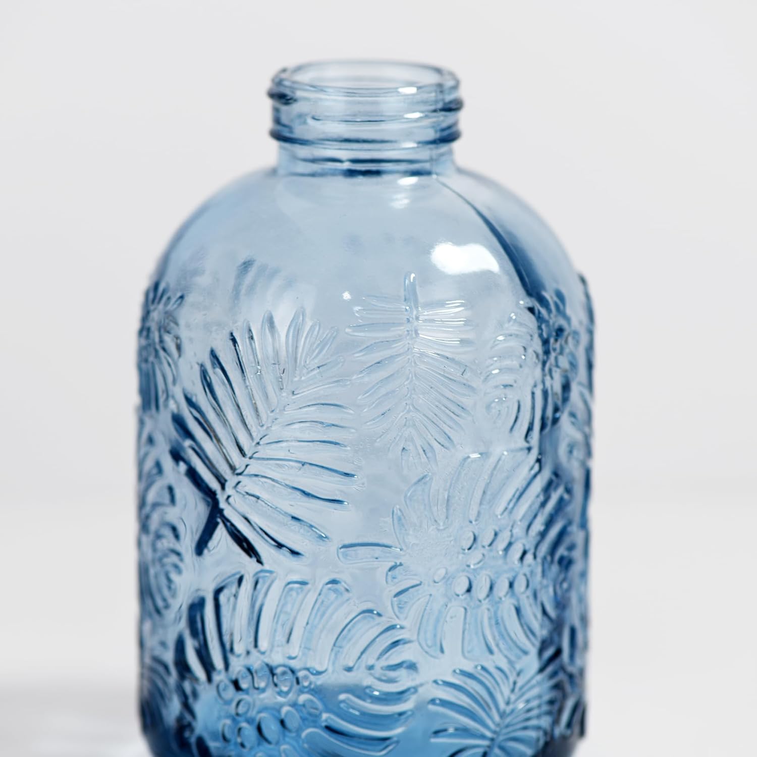 11.8 Ounce Glass Plant Spray Bottle, Glass Leaf Print One Handed Watering Can with Antique Brass Plastic One Handed Top Pump, 7.6 Inch Tall Indoor and Outdoor Plant Small Spray Bottle (Blue)