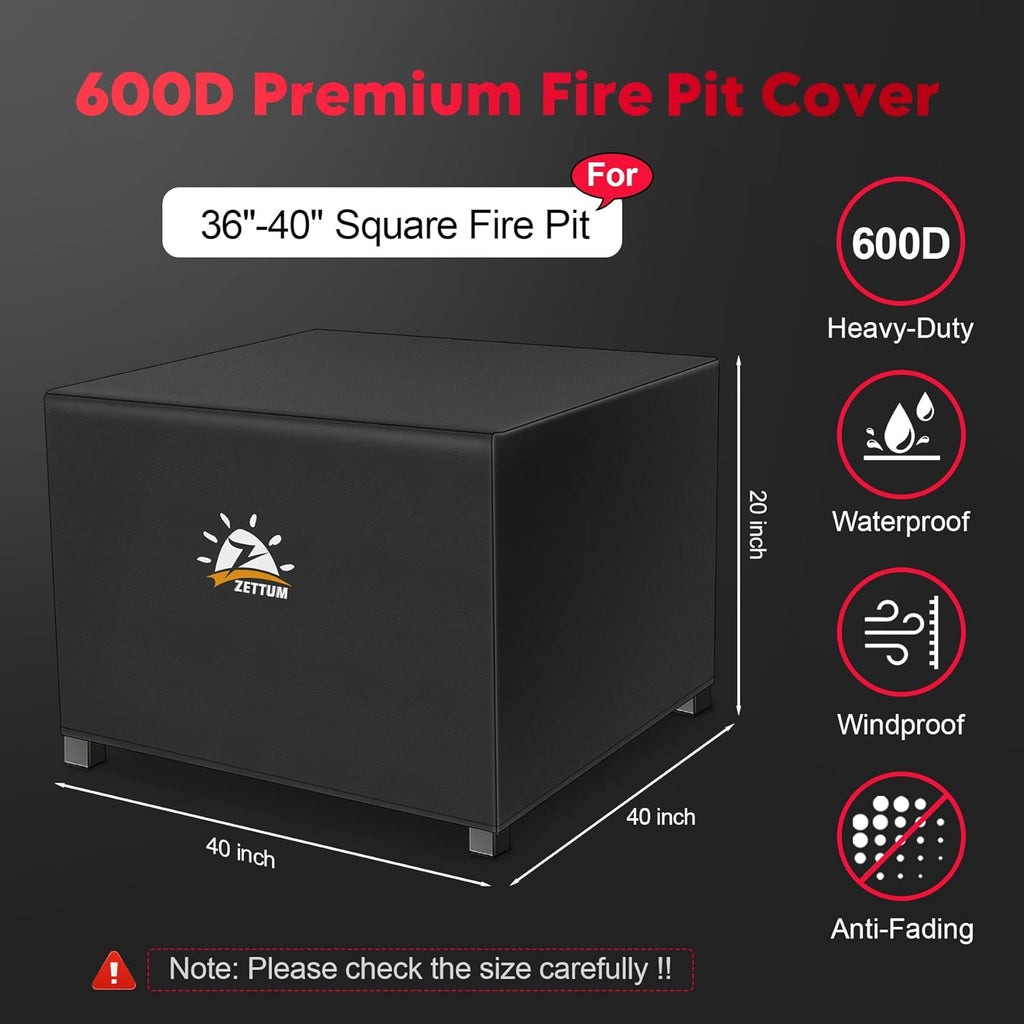 Fire Pit Cover Square 40 Inch - Outdoor Firepit Cover Heavy Duty & Waterproof, 600D Patio Fire Table Cover Gas Fire Pit Accessories Fade & Weather Resistant - 40 x 40 x 20 Inch