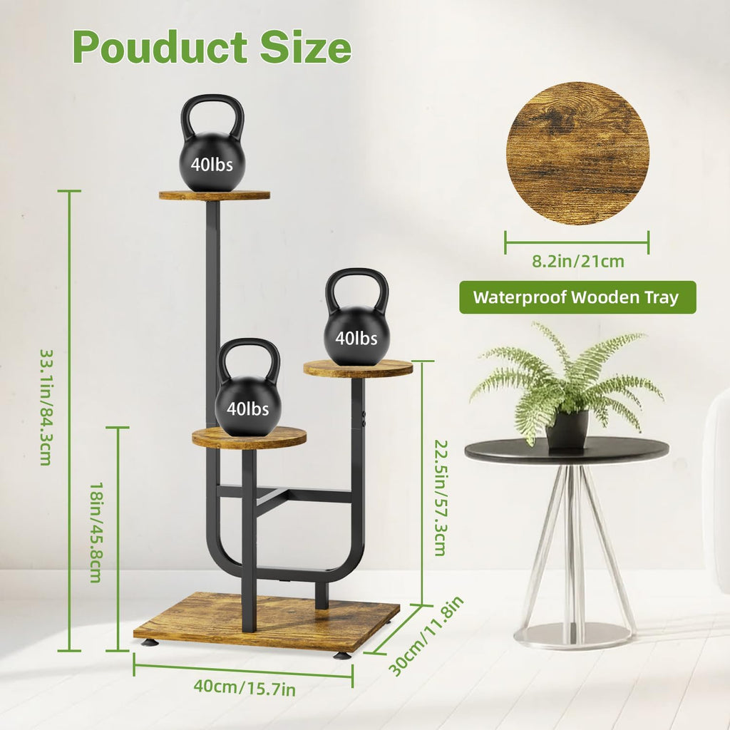 iDavosic.ly 3 Tier Plant Stand Indoor, Corner Tiered Multiple Flower Holder Shelf with Wooden Trays, Orchid Display Metal Rack for Patio Porch Living Room Balcony Outdoor, Modern Black & Rustic Brown
