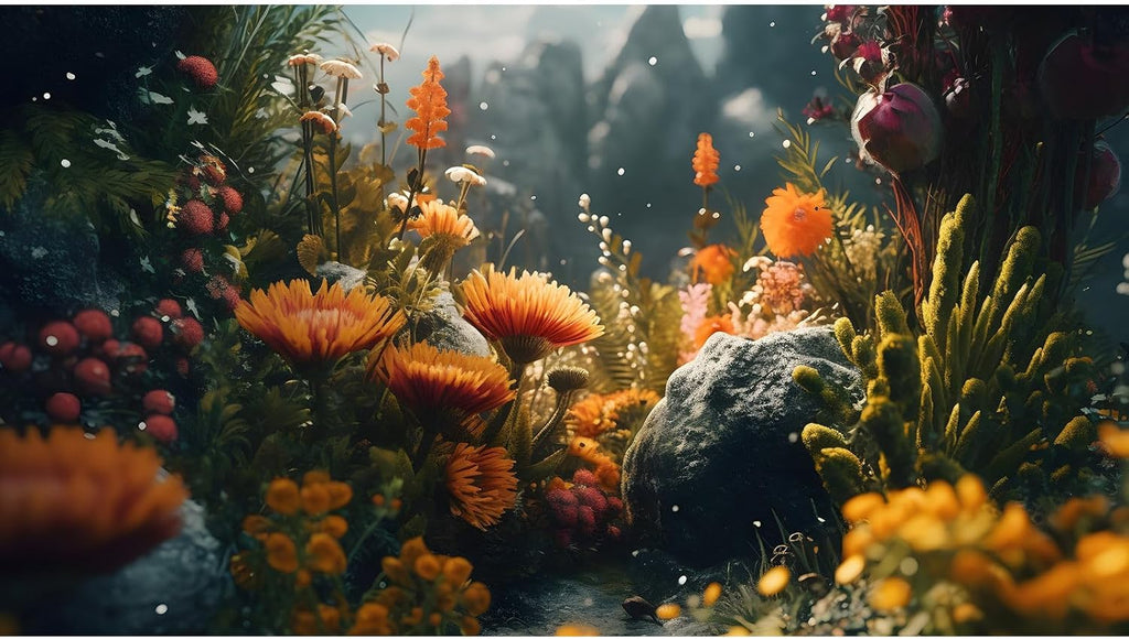 Foggy Stone Terrarium Background Green Seaweed Scenery Orange Floral Aquarium Background Durable Reptile Habitat Flower Background Mysterious Tank Backdrop Vinyl 60x24in