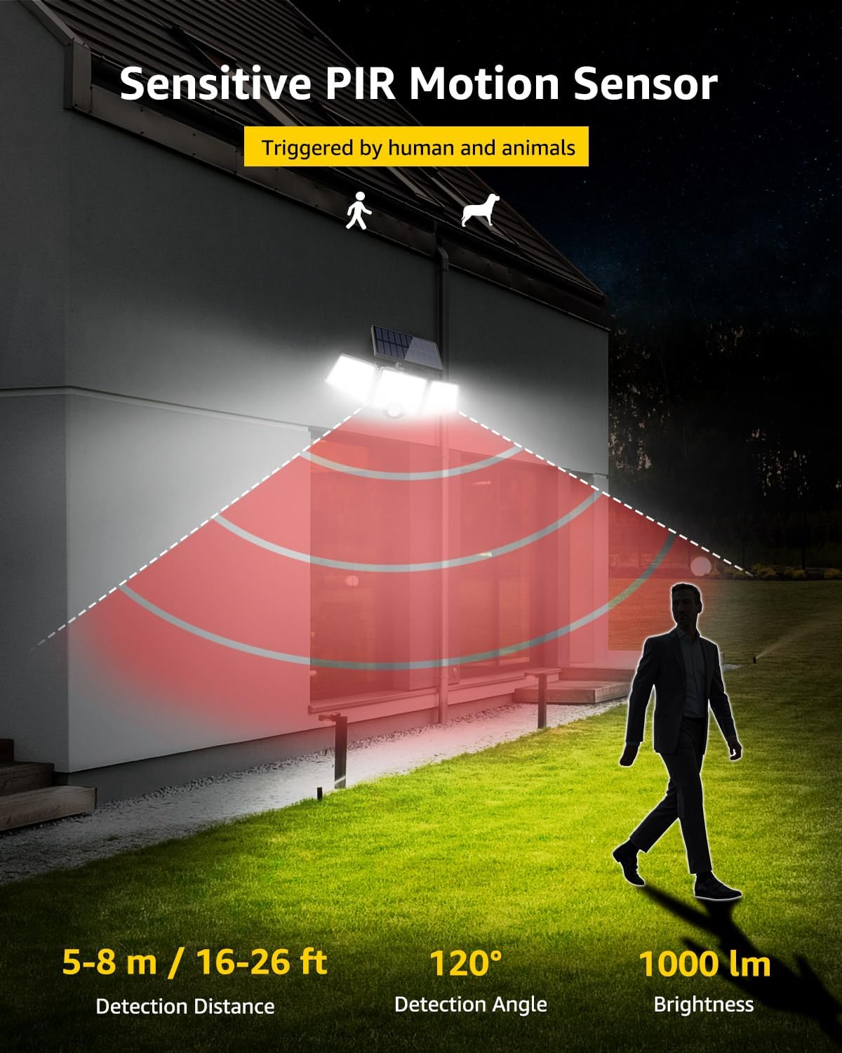 LE Solar Lights for Outside, Solar Lights Outdoor with Motion Sensor, WL4000 High Brightness, 3 Adjustable Heads 270° Wide Lighting Angle, IP65 Waterproof, Wireless Wall Lamp for Yard Garage