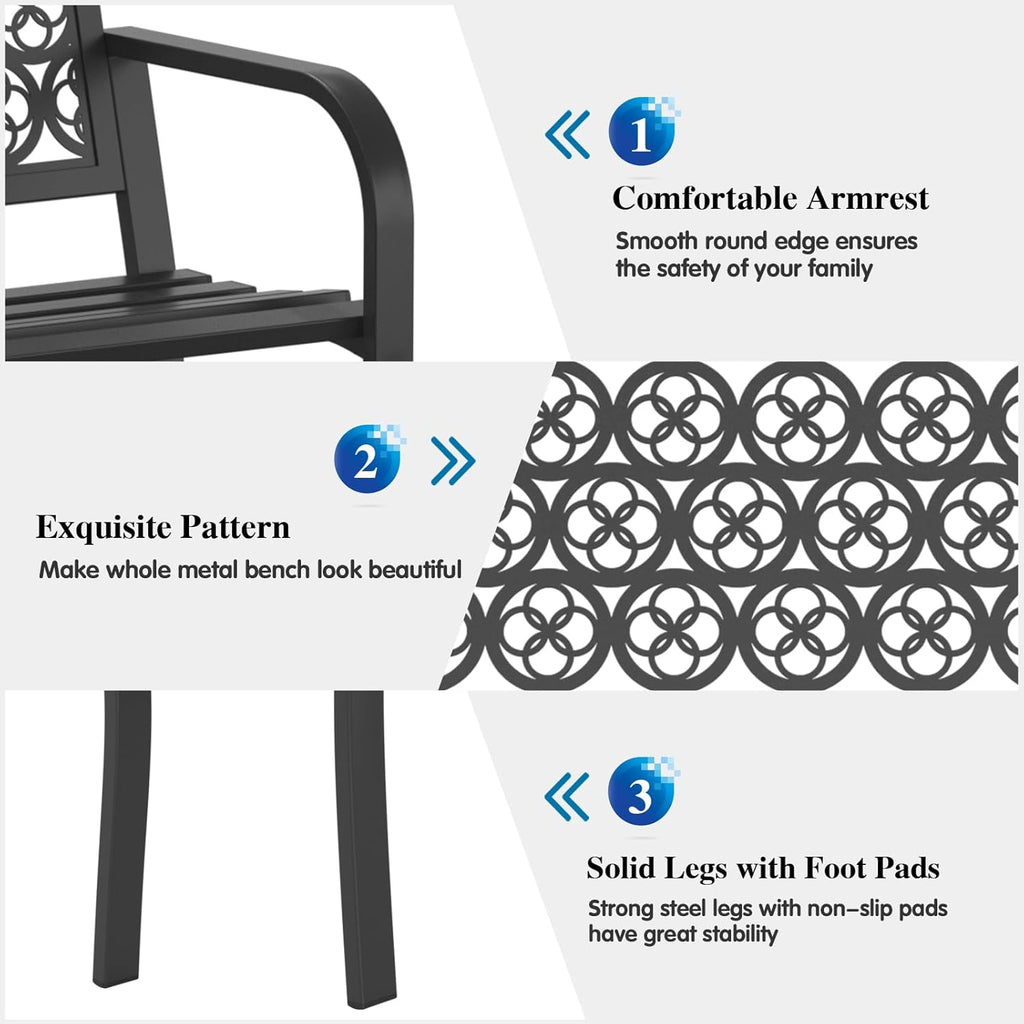 Outdoor Garden Bench Cast Iron Steel Outdoor Bench Clearance Weatherproof Metal Park Bench for Porch, Yard, Lawn, Deck (Four-Leaf Clover)