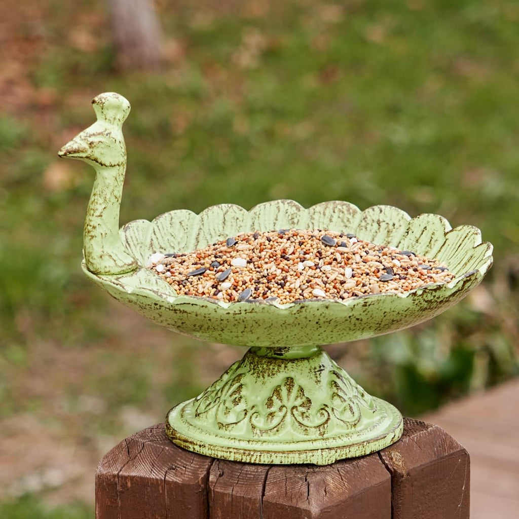 Cast Iron Bird Baths for Outdoors,Cast Iron Bird Feeder, Metal Bird Bath,Vintage Peacock Shape,Home Garden Lawn Yard Table Decorations（Light Green）