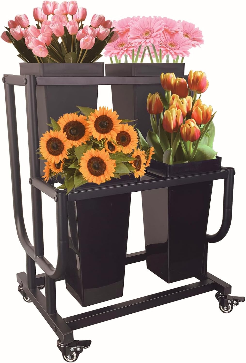 Tongmo 2-Tier Flower Display Stand with 4 Buckets - Movable Plant Cart for Heavy Duty Flower Rack - Perfect for Flower Shops, Homes, Cafés, and Offices (2-Tier with Bucket)