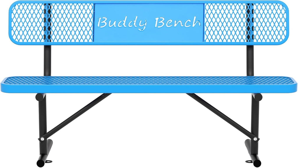 6 Feet Steel Park Bench for Outside, Outdoor Bench with Backrest & Portable Frame, Commercial Benches for Parks, School, Patio, Deck, Store,Blue