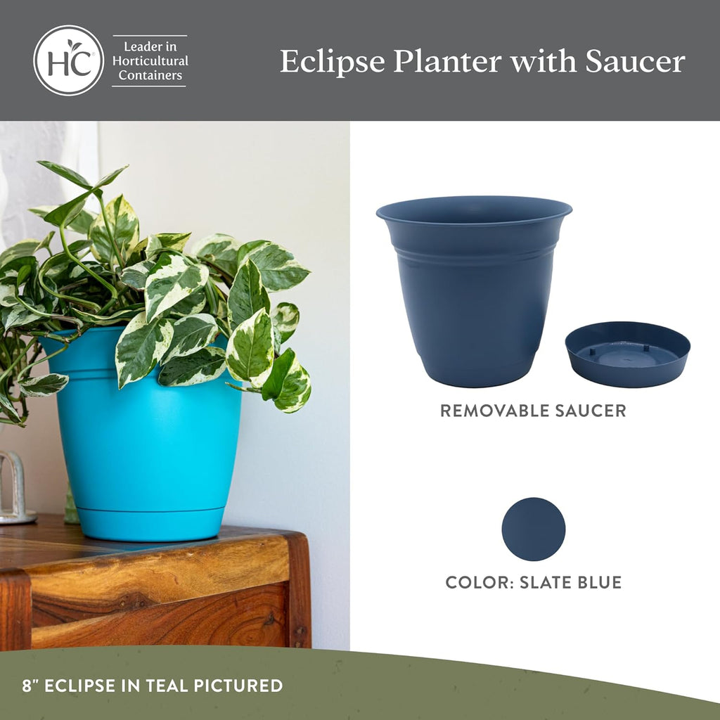 The HC Companies Eclipse Round Planter with Saucer - Outdoor & Indoor Plant Pot with Drainage Holes - Lightweight, UV-Resistant Plastic Pots for Plants, Flowers & Herbs (8" Slate Blue, Pack of 1)