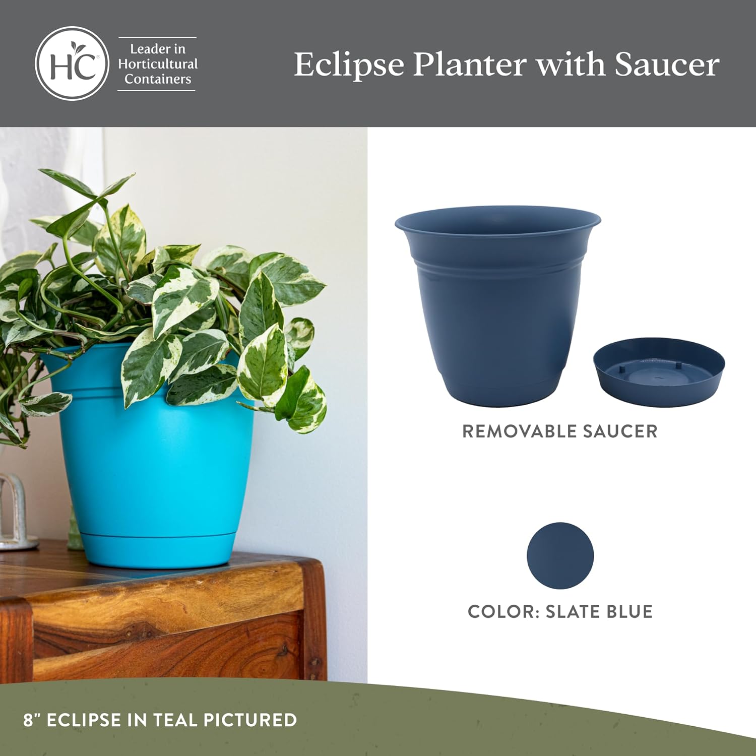 The HC Companies Eclipse Round Planter with Saucer - Outdoor & Indoor Plant Pot with Drainage Holes - Lightweight, UV-Resistant Plastic Pots for Plants, Flowers & Herbs (10" Slate Blue, Pack of 1)