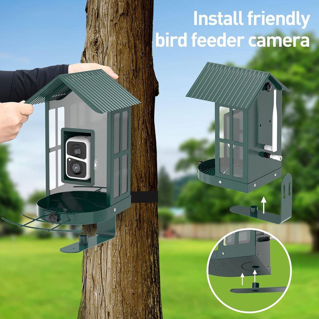 Soliom- Bird Feeder with Camera, 5W Solar Powered, AI Identify Species, Smart Wild Bird Watching, 2K Live View, Instant Arrival Alerts,Large 2.7L Seed Capacity, Metal Squirrel Chew-Proof - BF08 Green