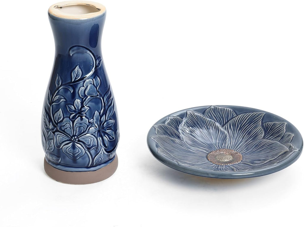 LuxenHome 22 Inch Ceramic Bird Bath for Outside, Elegant Tall Outdoor Bird Bath, Lightweight Pedestal Glazed Birdbaths for Outdoors with Floral Pattern, Deep Blue