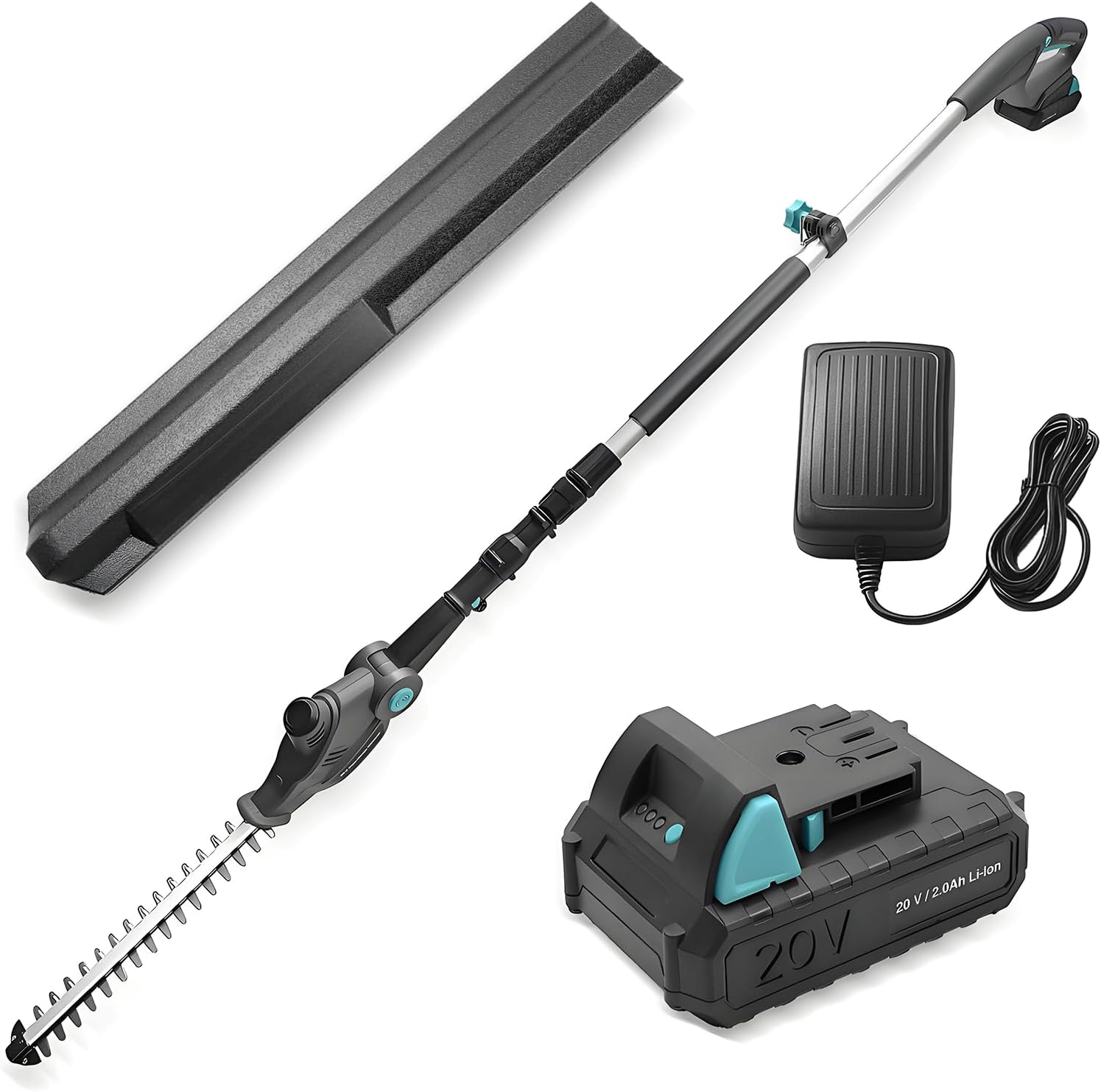 20V Cordless Telescopic Pole Hedge Trimmer Long Reach Extendable Hedge Cutter - 1x 2.0AH Battery, Shoulder Strap, Fast Charger - for Hedges, Branches