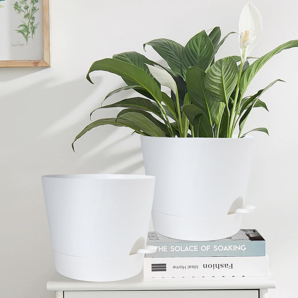 12 Inches Indoor Self Watering Planters with Drainage Holes and Saucers, 4 Pack (White)