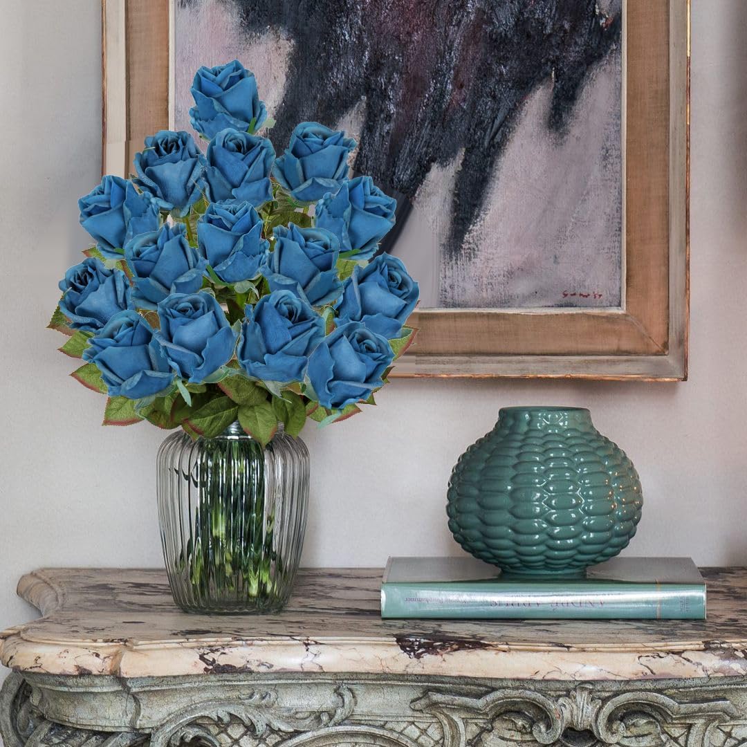 Artificial Realistic Roses Blue Flowers 24" Real Touch Silk Roses Bouquet Long Stems Rose Fake Roses Decor for Home Party Wedding Table Centerpieces Roses Realistic - 5 Pcs