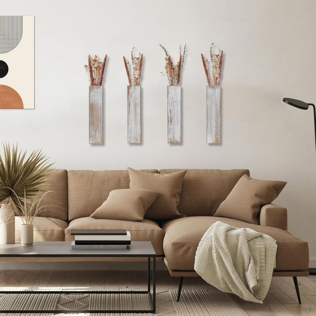 Wooden Wall Planter Set of 4 - Modern Home Decor for Living Room, Bedroom, Bathroom - Vintage Finish Planter for Dried Flowers, Faux Greenery, Indoor Plants