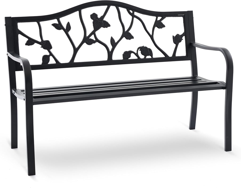 50” Strawberry Outdoor Garden Bench, Weatherproof Sturdy Cast Iron Metal Frame Patio Park Bench for Porch Yard Lawn Deck Park (Black Strawberry Style)