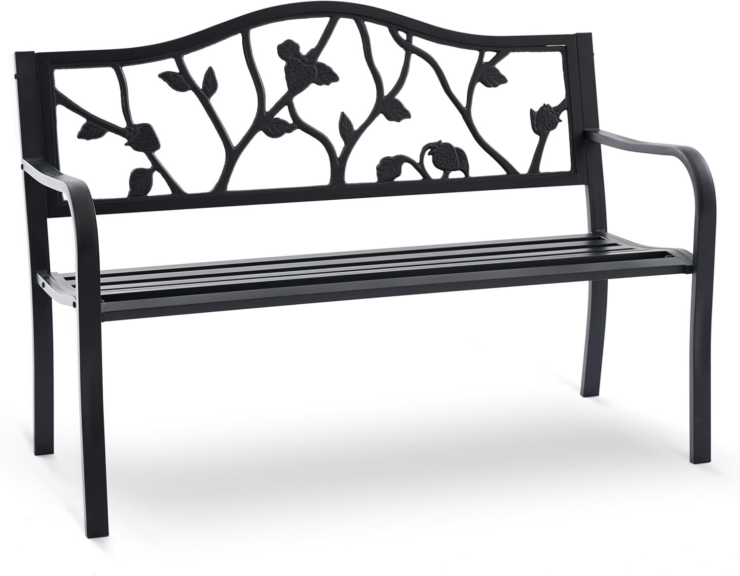 50” Strawberry Outdoor Garden Bench, Weatherproof Sturdy Cast Iron Metal Frame Patio Park Bench for Porch Yard Lawn Deck Park (Black Strawberry Style)
