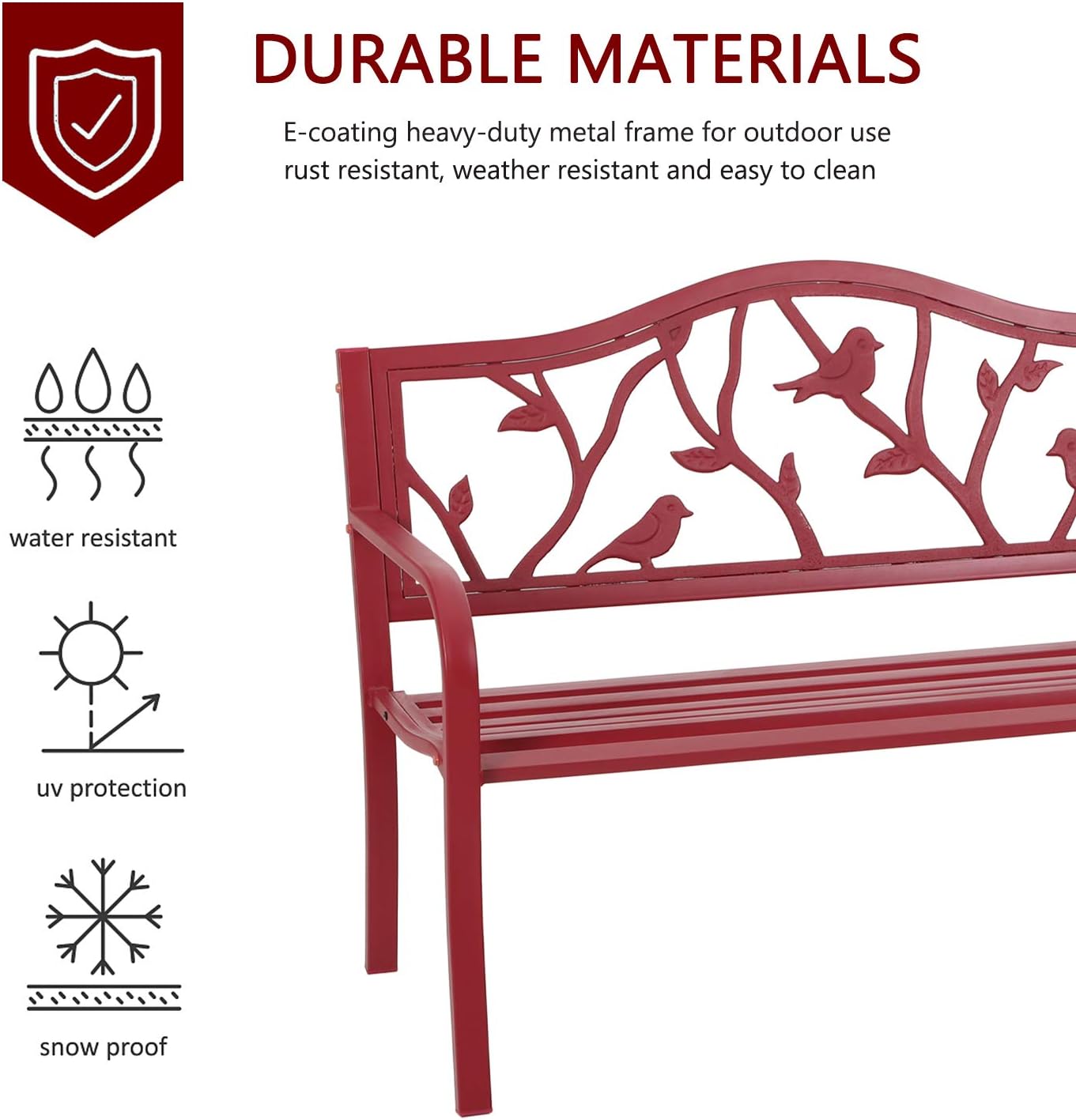 MFSTUDIO 50" Outdoor Red Garden Bench, Steel Metal Frame Patio Park Bench with Bird Pattern Backrest for Porch Backyard Lawn