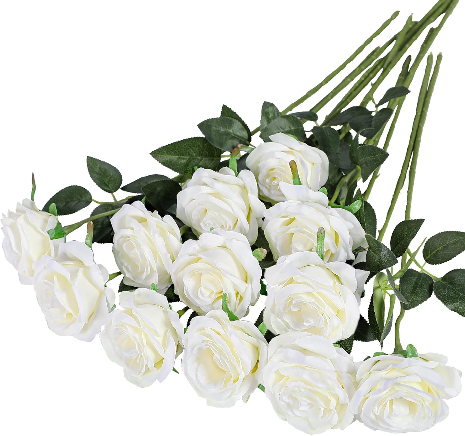 Hawesome 12PCS Artificial Silk Flowers Realistic Roses Bouquet Long Stem for Home Wedding Decoration Party (12PCS-Cream White 1)