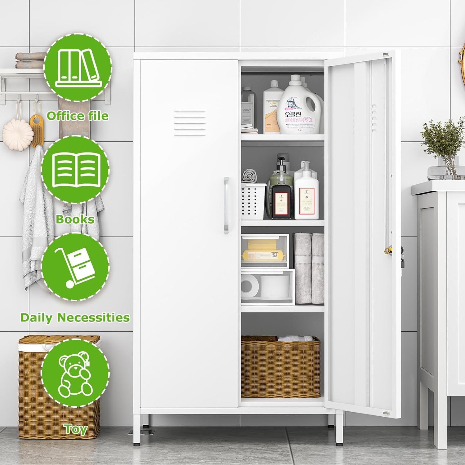 47" Metal Storage Locker, Lockable Employees Metal Locker with 2 Door and Adjustable Shelves, Steel Locker for Home, School, Office, Gym (White)