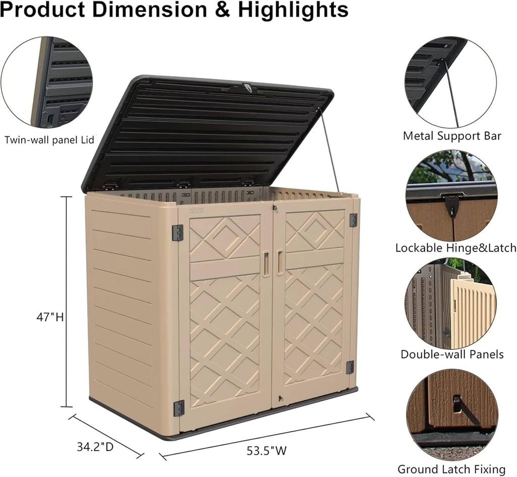 HOMSPARK Storage Shed Weather Resistance, Multi-Purpose Outdoor Storage Cabinet for Backyards and Patios, Horizontal Storage Shed for Lawnmower, Patio Accessories (Coffee, X Large - 48 cu.ft)