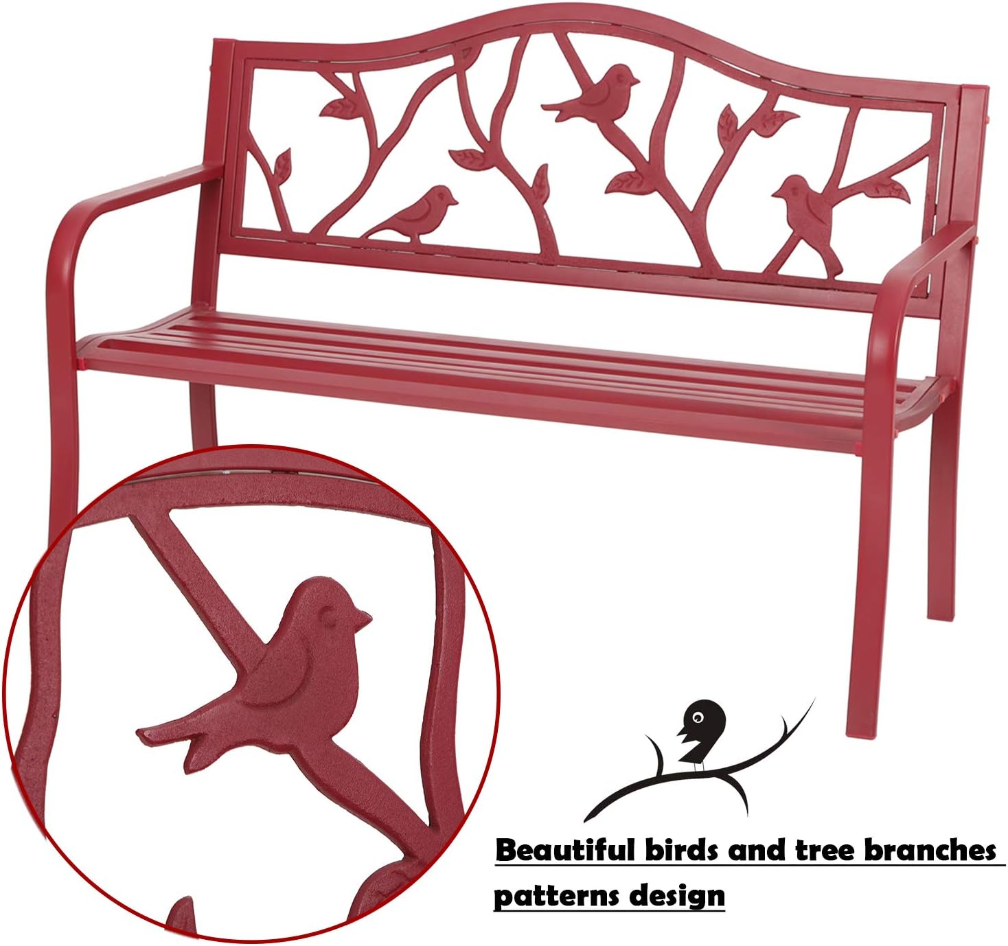 MFSTUDIO 50" Outdoor Red Garden Bench, Steel Metal Frame Patio Park Bench with Bird Pattern Backrest for Porch Backyard Lawn