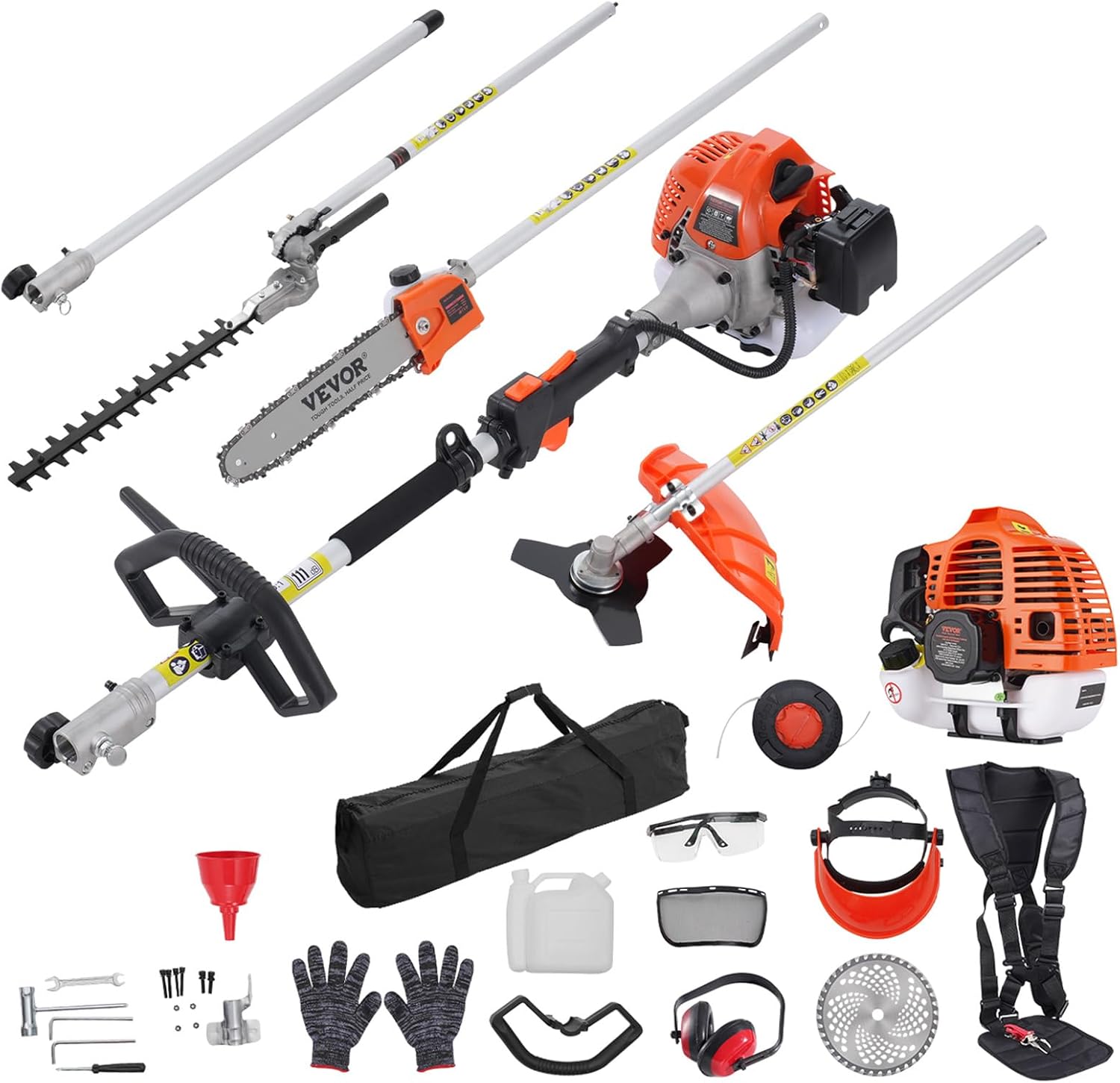 VEVOR 43cc 6-in-1 Multi-Functional Trimming Tool, Hedge Trimmer, Weed Eater, String Trimmer, Brush Cutter, Edger, Pole Saw Chainsaw Pruner with Extension Pole, w/EPA, CE and EMC Certification