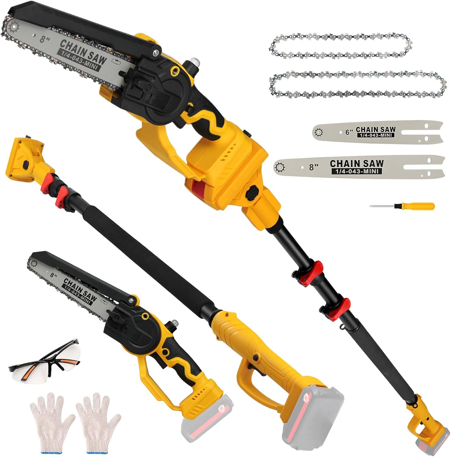 2-in-1 Cordless 8" Pole Saw & Mini Chainsaw Compatible with DeWALT 20V MAX Battery, Brushless 8 Inch & 6 Inch Telescoping Pole Chainsaw Combo Kit 15 Ft Max Reach for Tree Branches Pruning(Tool Only)