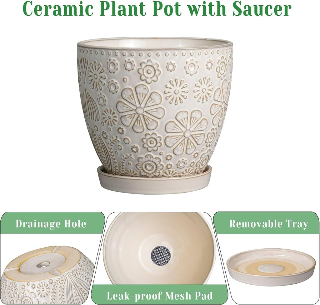 10 Inch Ceramic Planter Pot Large Plant Pot for Indoor Plants Outdoor Round Flower Pot with Drainage Hole and Saucer for Home Garden Decor White