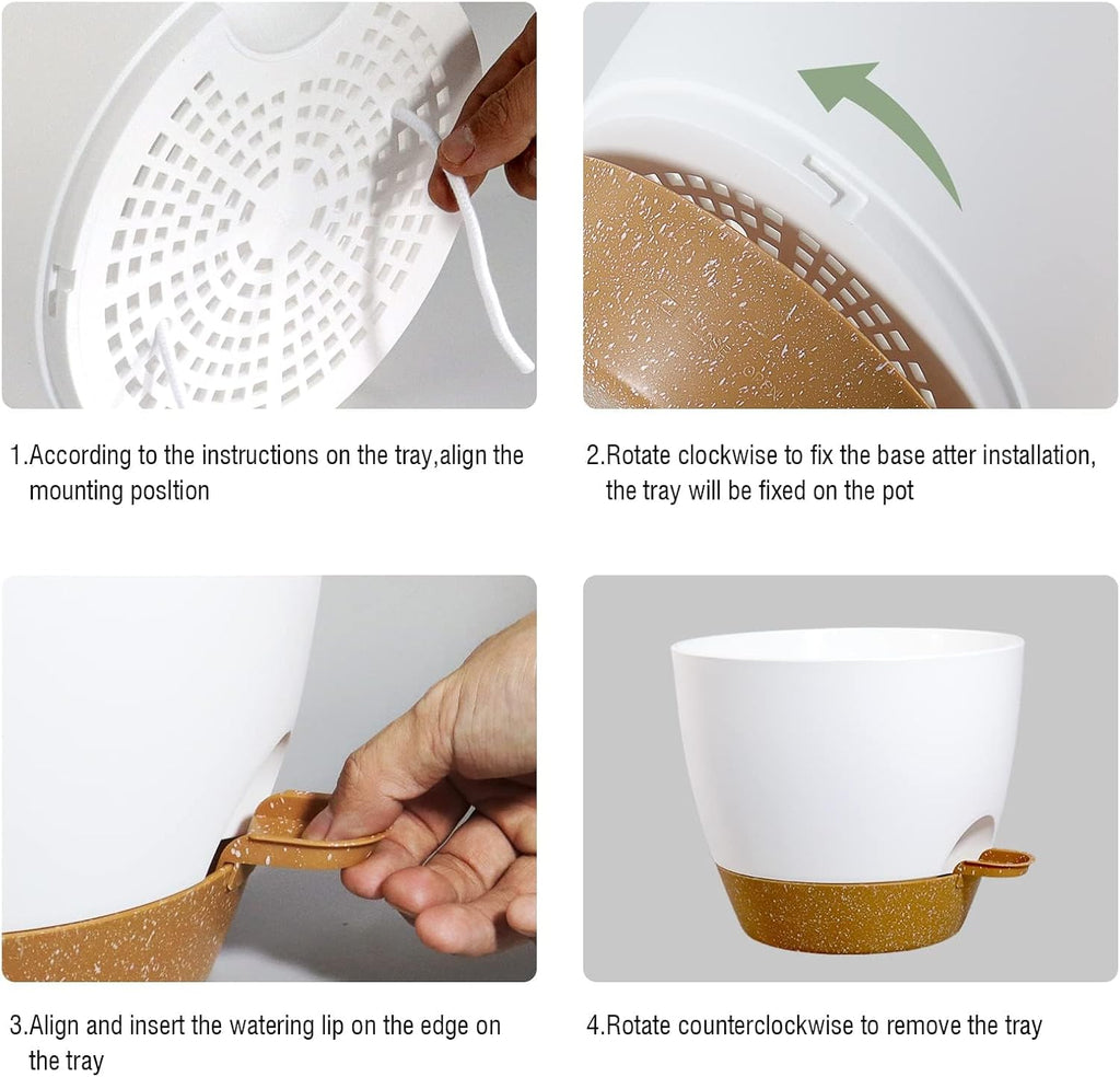 10/9/8 inch Self Watering Pots, Set of 3 Plastic Planters with Mesh Drainage Holes and Deep Reservoir for Indoor Outdoor Garden Plants and Flowers, White with Brown