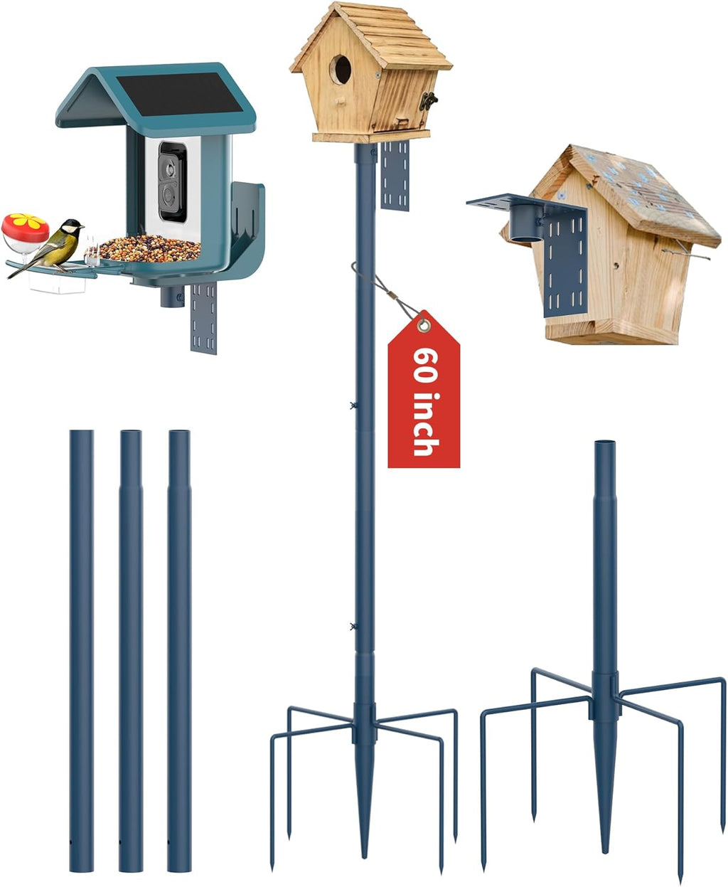 Bird Feeder Pole Stand – 60 Inch Height Feeding Station with 1-Inch Dia Heavy Duty for Hanging Feeders, Bird House Pole Mount Kit for Outdoor, Slip-Fit Connection，Blue
