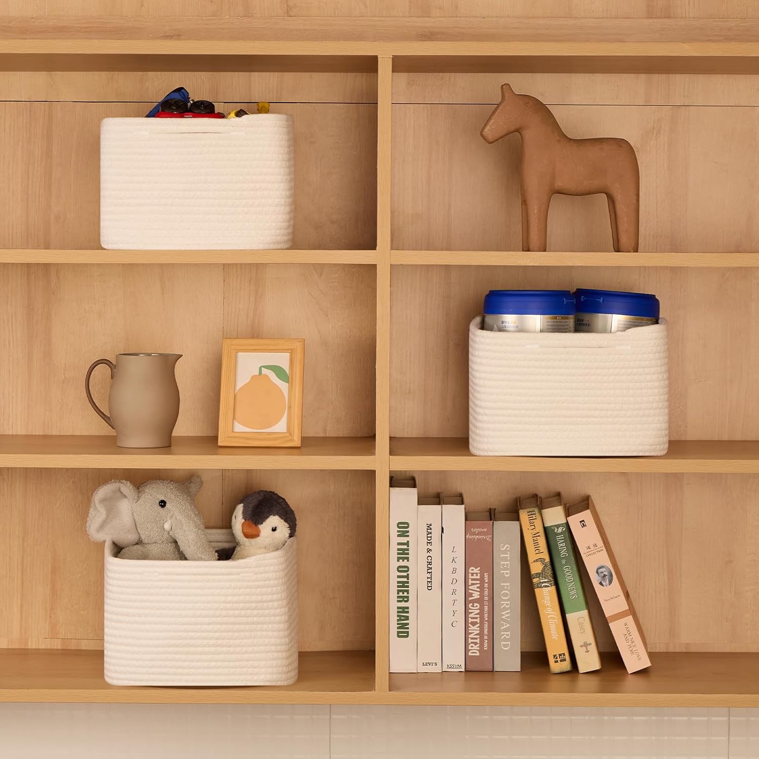 Small Organizing Baskets for Cubes Shelf, 9.7x9.7x7.1 Inch Rope Woven Storage Bins for Nursery Shelves Storage, Cute Toy Basket, Square 3 Packs Off White