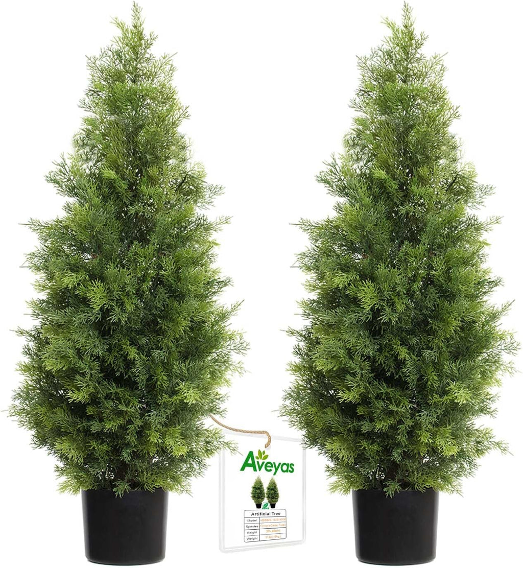 Aveyas 3ft Artificial Cedar Topiary Trees for Outdoor Front Porch Door, 3 Feet Faux Potted Plants Evergreen Fake Pine Cypress Tree for Outside Home Decor (3 ft Tall) - Set of 2 Pack