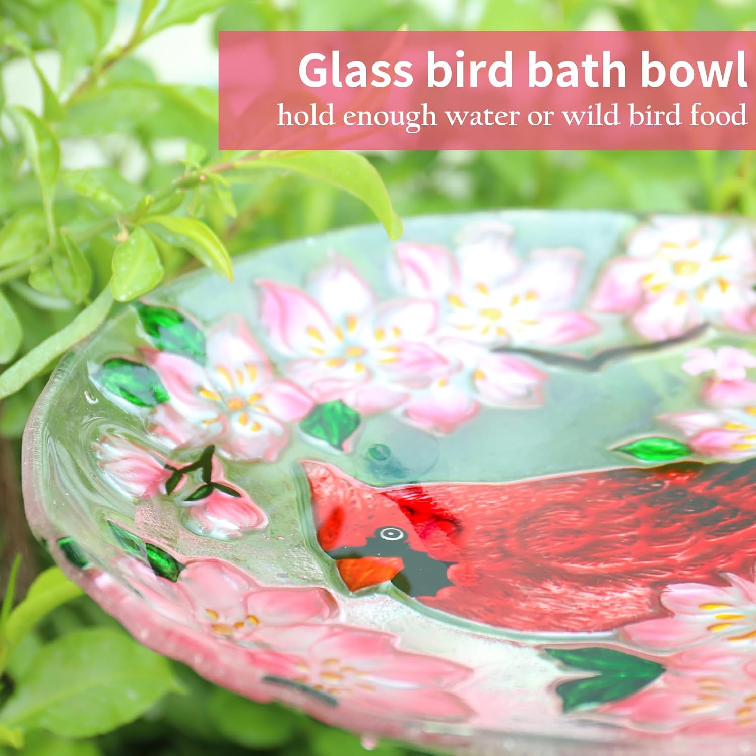 VCUTEKA Bird Baths for Outdoors, Glass Bird Bath with Metal Standing for Garden, Yards Patio Décor, Bird Lovers Gift, Cardinal Glass Birdbath Detachable (22" H * 18" W)