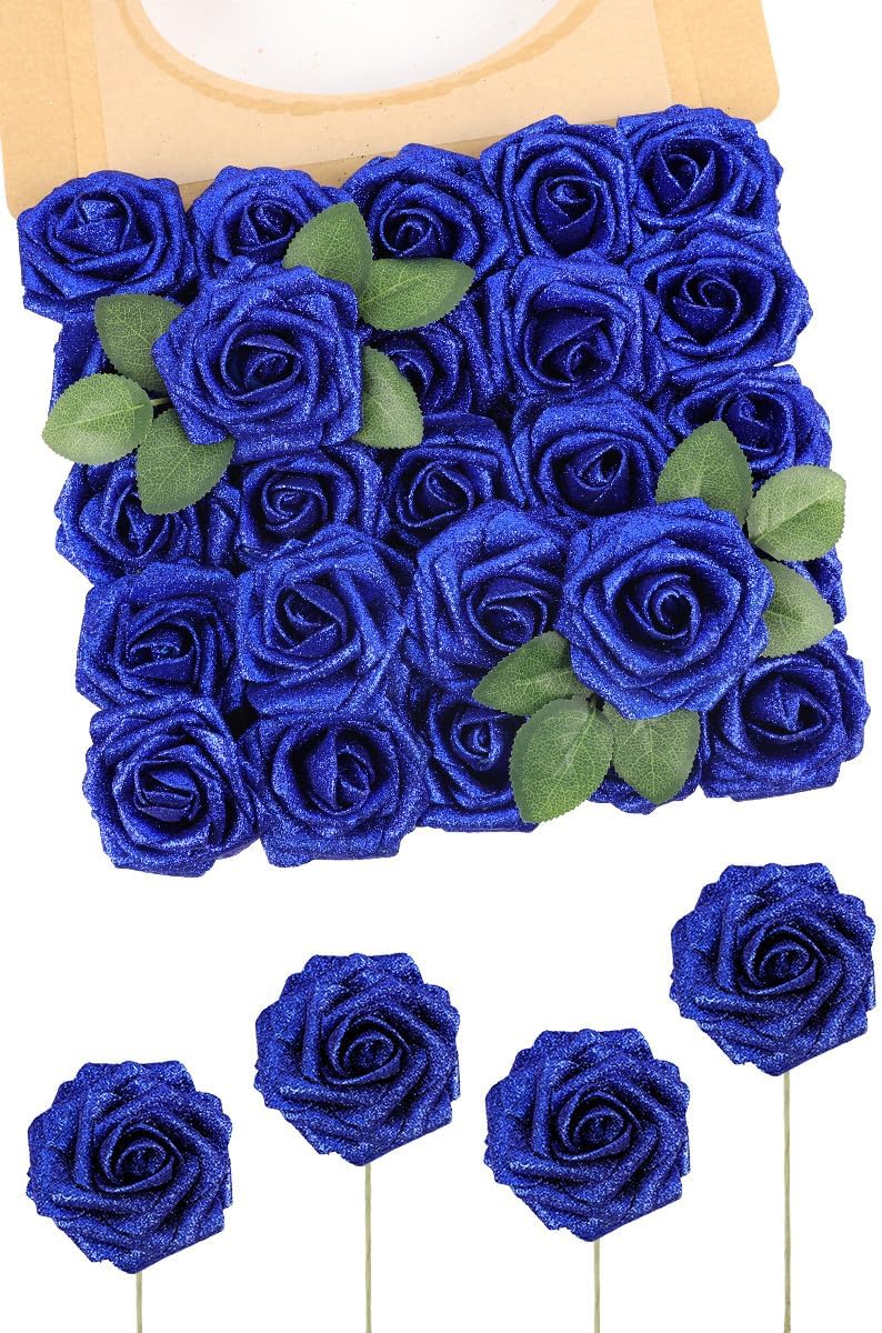 N&T NIETING Artificial Flowers Glowing Navy Blue Flowers Foam 50pcs Glitter Roses Real Looking Fake Roses with Stem for DIY Wedding Bouquets Centerpieces Bridal Shower Party Home Decorations