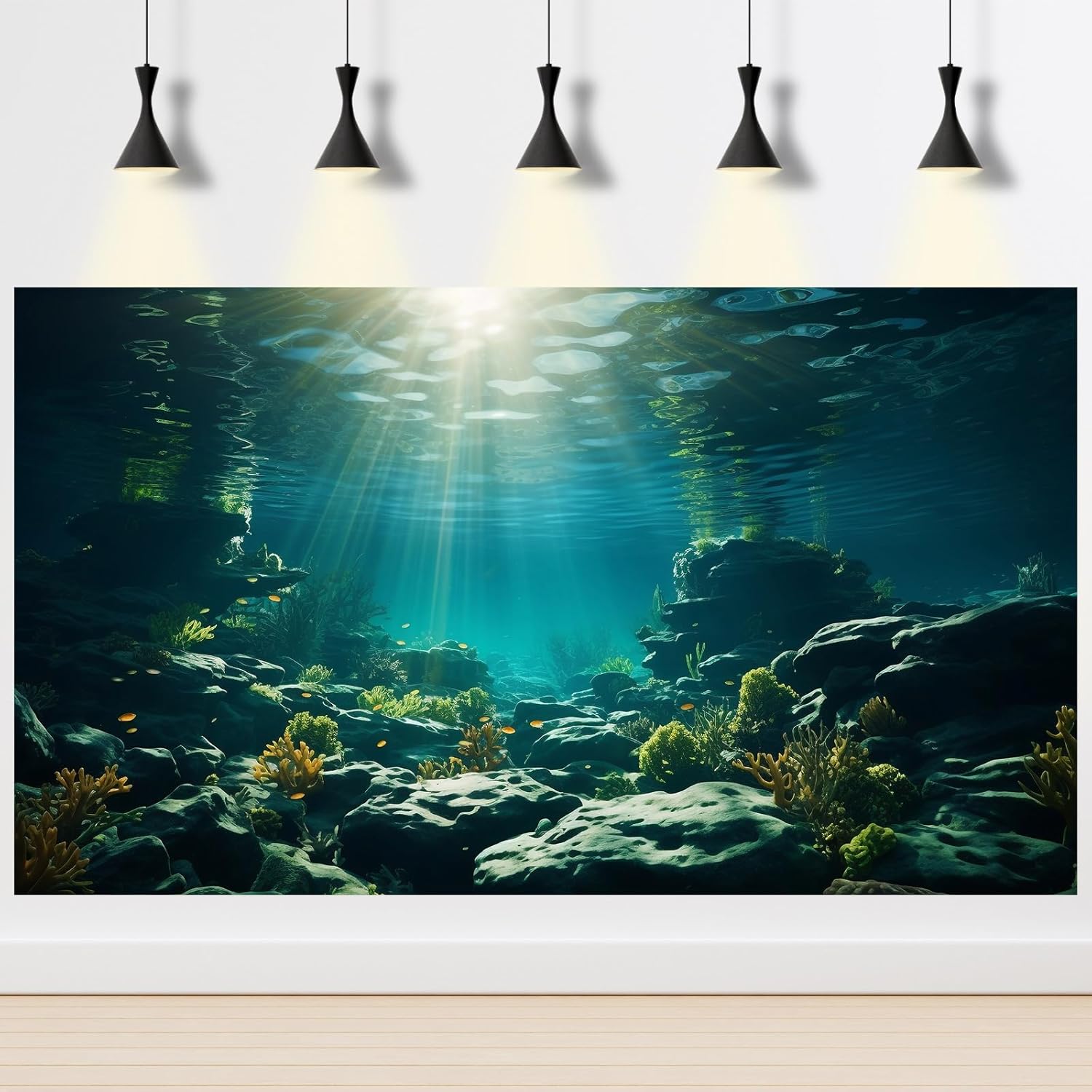 Aquarium Background Underwater Aquatic Plants Rocks Fish Terrarium Backdrop Sunlight Rays Coral Fish Tank Background Cave Style Landscape Sea Grass Tank Wallpaper Poster Vinyl 24x16in